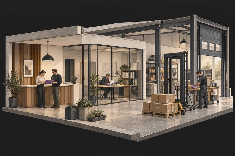 Illustration eines Betriebs mit Kundenberatung, Büro, Fertigung und Versand