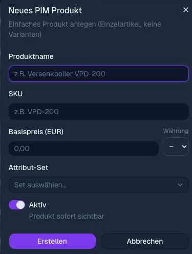 Aktuelle HEINI-Produktmaske mit Produktname, SKU, Basispreis und Attribut-Set, ohne Kundendaten