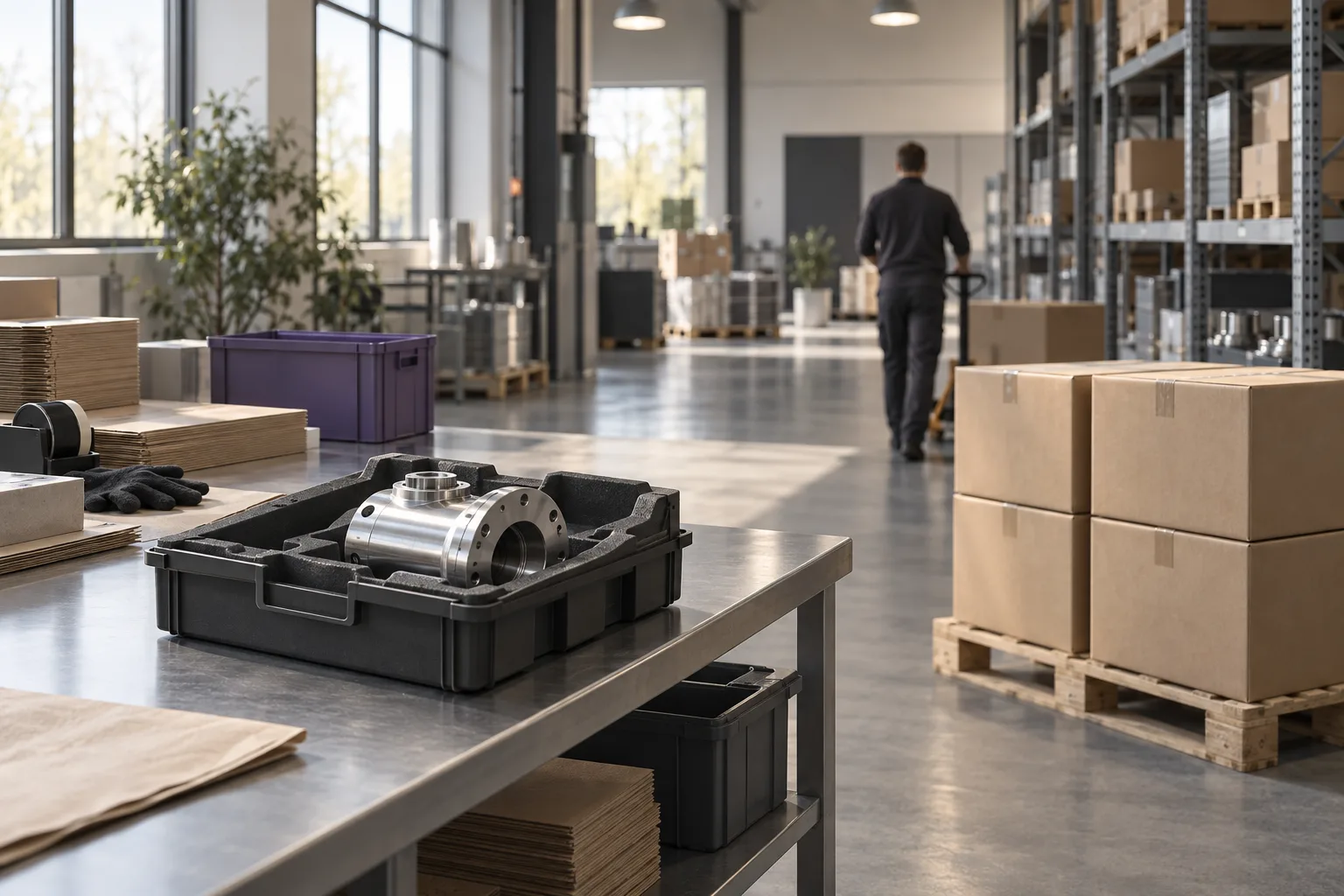 KI-Symbolbild · Anwendungskontext: Vorbereitetes Metallbauteil und Verpackung im Warenversand