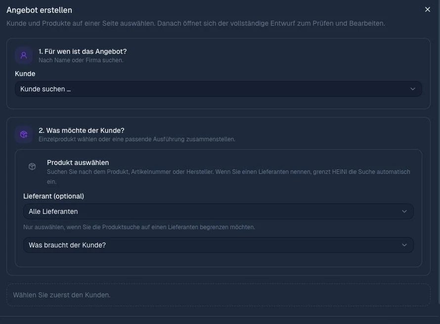 HEINI-Angebotsmaske mit leerer Kunden- und Produktauswahl