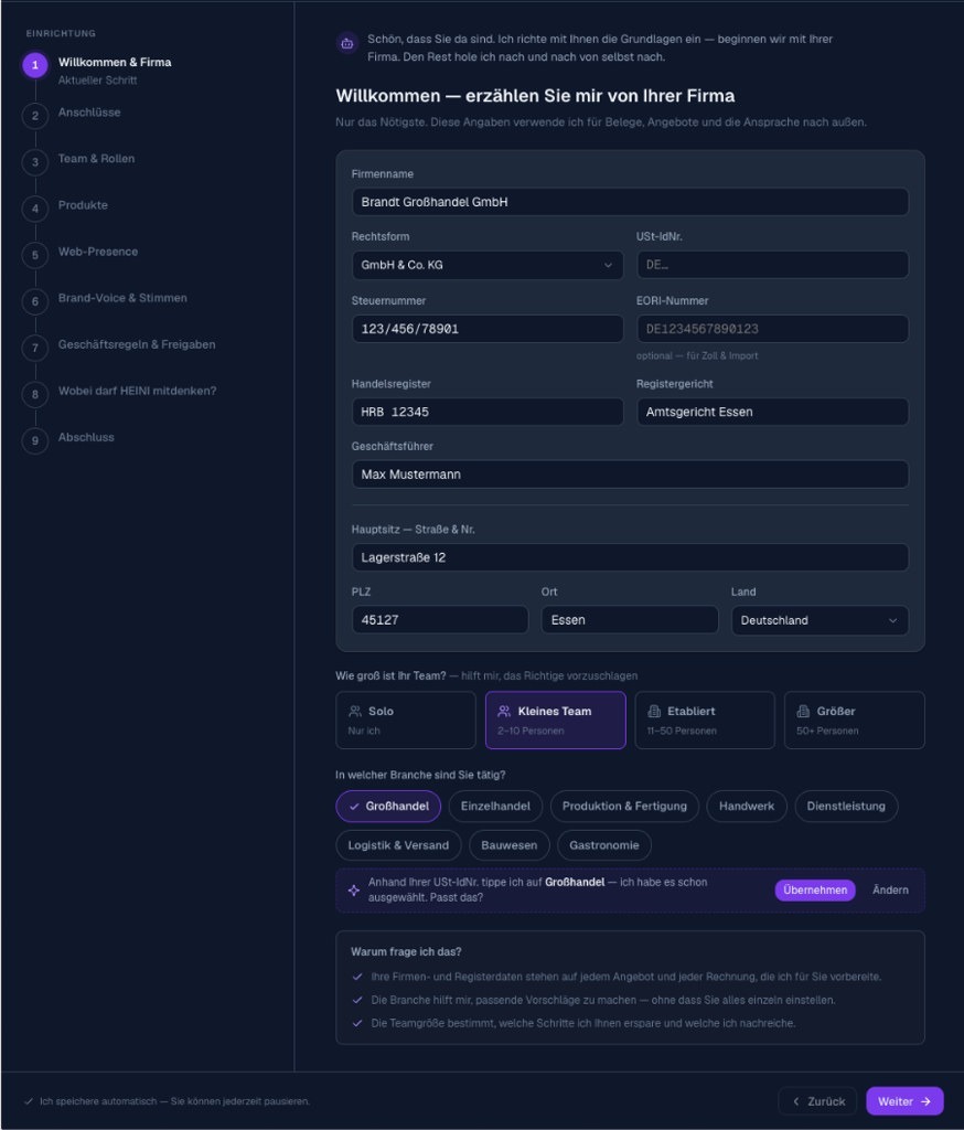 Tenant-Onboarding Schritt 1 — Willkommen und Firma mit Susi